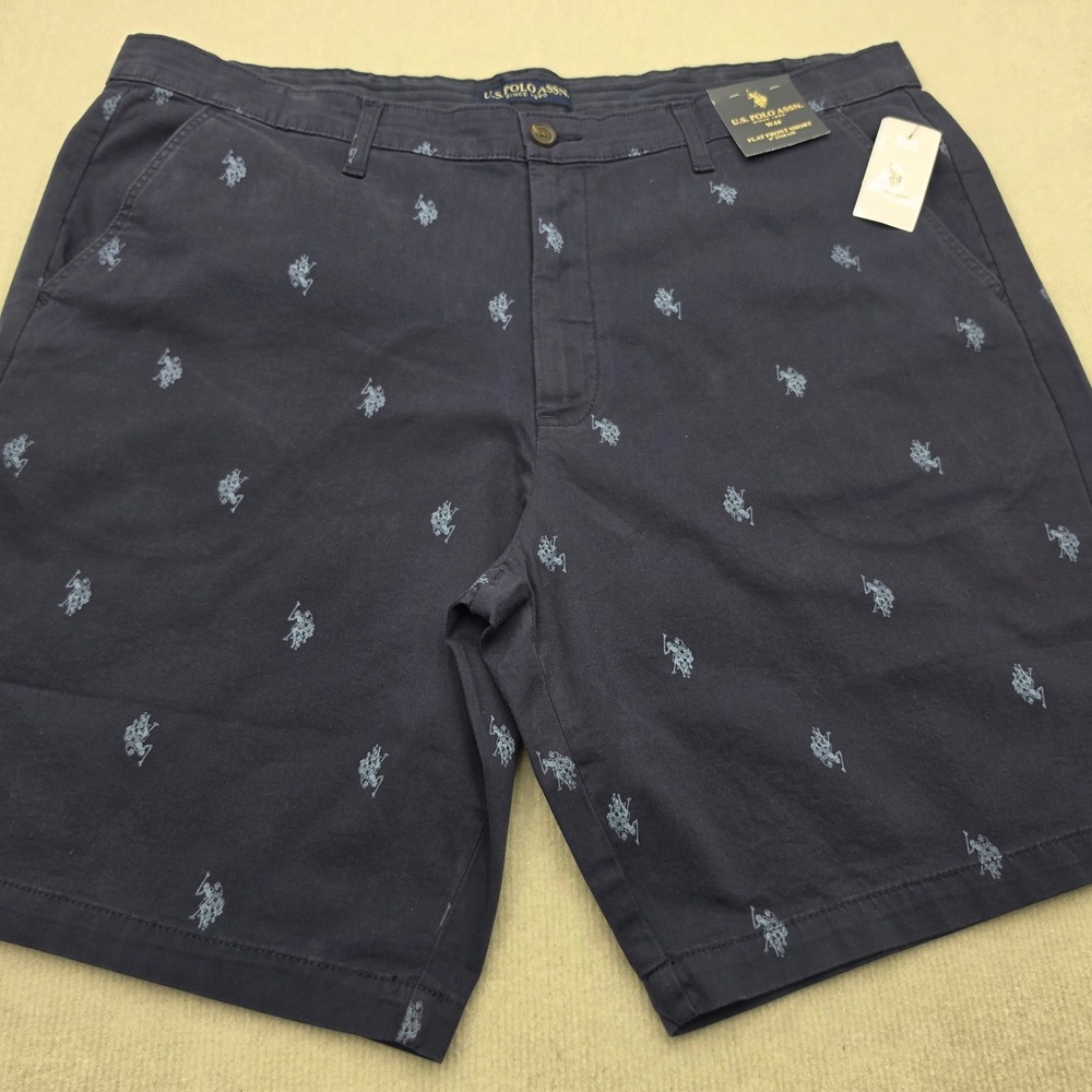 NWT U.S. Polo Assn Shorts Men 44 Navy Blue Embroidered Logo Flat Front Stretch
